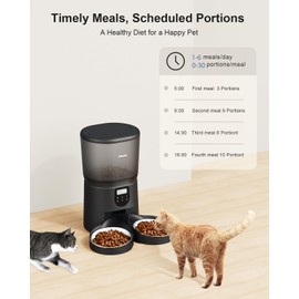 Automatic Cat Feeders for Two Cats, Katalic 6L/25.4cup Double Food Dispenser with 2 Stainless Bowls,10s Meal Call and Timer Setting 20 Portions 4 Meals Per Day,Pet Feeder Dog, Transparent Black, PF03
