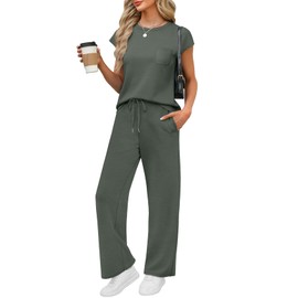 WIHOLL Resort Wear for Women 2025 2 Piece Summer Vacation Outfits Business Casual Sets Cap Sleeve Pjs Going Out Outfits Wide Leg Pants Matching Sets Women Clothing Royal Rock Green 2XL