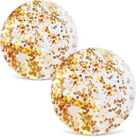 FUTUREPLUSX 16 Inch Glitter Beach Balls, 2PCS Swimming Pool Balls Inflatable Beach Ball with Gold Confetti for Kids Birthday Summer Pool Party
