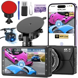 Dash Cam Front and Rear, 4K Dash Cam WiFi/APP Control Dashcam W/ 64GB Card Car Camera Dash Cam DVR Dashboard Dash Camera for Cars W/Loop Recording G-sensor Time-Lapse Parking Mode, USB-C Powered