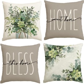 Habodd Cushion Cover 45 x 45 cm Set of 4 Outdoor Decorative Cushion Sofa Cushion Green Eucalyptus Leaves Grey Home Bless Modern Linen Cushion Covers Cushion Cover Decorative Cushion for Sofa Bed