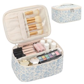 Travel Makeup Bag, Portable Cosmetic Bag with Makeup Brushes Organiser Large Capacity Toiletry Bags Holiday Essentials for Women, Blue Flower