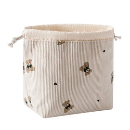Cute Soft Corduroy Drawstring Makeup Bag with Canvas Lining, Coquette Aesthetic Drawstring Cosmetic with Bear Pattern for Women Girls, Kawaii Travel Makeup Organizer Case(04 Light Taupe)