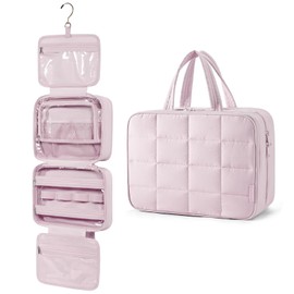 Hanging Travel Toiletry Bag with Waterproof Compartments, Lightweight Makeup Organizer with Jewelry Pocket & 360-Degree Hook for Family Trips, Daily Use Business Travel (Pink, M)