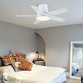 Realmate 42 Inch Ceiling Fans with Lights and Remote, Flush Mount White Ceiling Fan for Bedroom Living Room Indoor/Outdoor, Quiet 6 Speed Reversible DC Motor, 3CCT, Dual Color 5 Blades, ETL Listed