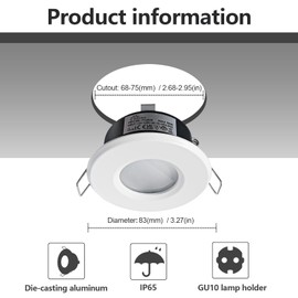Sweier IP65 Waterproof Recessed Light, GU10 White Bathroom Spotlight, Die-Cast Aluminium, Kitchen Recessed Ceiling Spotlights, 68 mm Cutout, Matte White (Without Lamp), Set of 4
