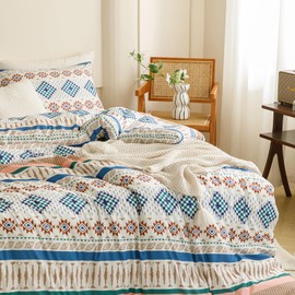 Houseri Colorful Boho Comforter Set Queen Blue Green Plaid Striped Orange Blush Diamonds Geometric Bedding Sets Queen Size Western Bohemian Bed Set Warm Soft Cozy Comfy Rustic Chic Quilt Blanket Queen