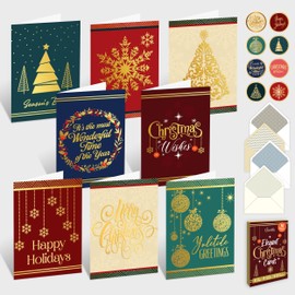Decorably 16 Pack Gold Foil Embossed 5x7in Merry Christmas Cards with Envelopes & Stickers, 8 Elegant Holiday Designs Seasons Greetings for Friends & Family, Printed Message Inside - Gifting, Mailing