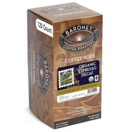 Baronet Coffee Organic ESE Espresso Pods - Decaf Roast - 120 Single Serve Espresso Pods - 7.2 Grams - Individually Wrapped for Freshness - Rich, Traditional Flavor