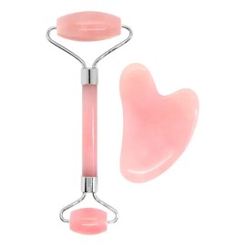 Guasha De Cuarzo Rosa Y Rodillo Para Masaje Facial                                                                                                    