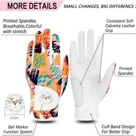 Womens Golf Glove Left Hand for Right Handed Golfer with Ball Marker Printed Pattern Grip Soft Breathable All Weather 1 Pack for Ladies Gift Box Set Size S M L XL (Orange, Medium)