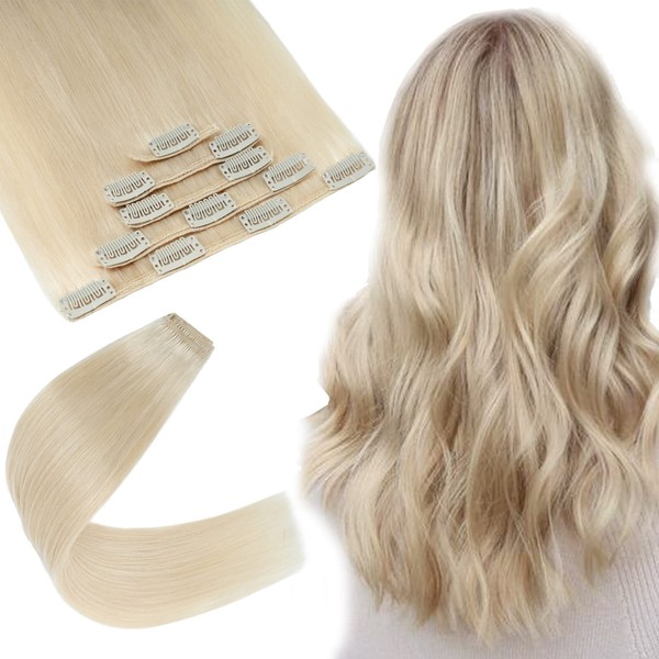 S-noilite Clip-In Real Hair Extensions, #70 Bleach White, 100% Remy Real Hair, 5 Wefts 12 Clips, Remy Natural Hair Extensions for Thin Hair, 45 cm (70 g)