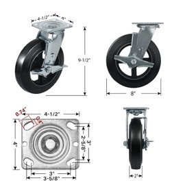 NINOSO 8" Heavy Duty Casters, Plate Industrial Caster with Rubber Wheel, Used for Tool Cart Platform Truck Trash Can (1 Pack Brake)