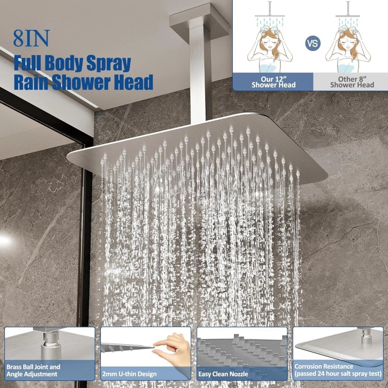 Iriber Ceiling Mounted Shower Faucet Set 8in Rainfall Head Combo