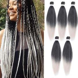 Leeven Pre Stretched Braiding Hair 20 Inch Ombre Silver EZ Braids Kanekalon Yaki Texture Pre Stretched Hair Extensions for Woman/1BSilver#