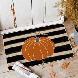 Artoid Mode Watercolor Stripes Pumpkin Decorative Doormat, Fall Seasonal Harvest Thanksgiving Vintage Rustic Low-Profile Yard Floor Mat Switch Mat for Indoor Outdoor 24x35 Inch