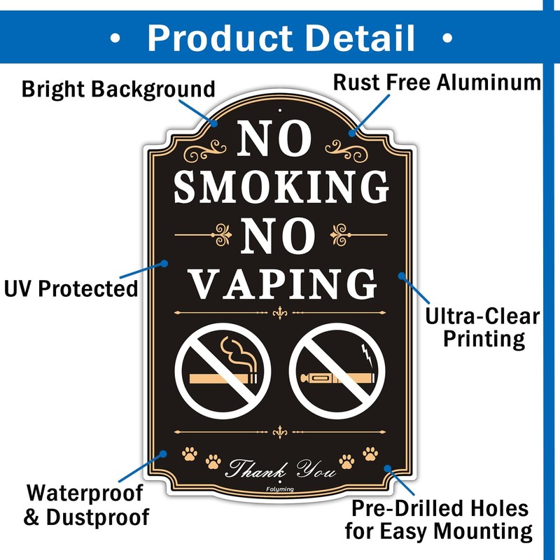 No Smoking No Vaping Signs 12 x 8 Inches No