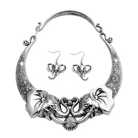 SHOP LC DELIVERING JOY Elephant Earrings & Necklace Set - Jewelry Birthday Gifts for Women - Chunky Statement Jewelry Set in Stainless Steel - 16" Necklace Length