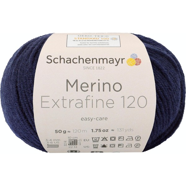 Schachenmayr 9807552 Merino Extrafine 120 Hand Knitting Yarn, Virgin Wool, navy,