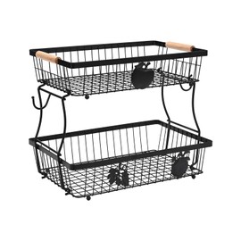 Lawhood-Mijin Fruit Basket Bowl 2 Tier with 2 Banana Hangers, Fruit Stand Holder for Kitchen Countertop, Detachable Metal Wire Vegetable Storage Organizer, for Bread Snack Veggies Produce, Black