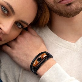 JoycuFF Gifts for Husband from Wife Leather Bracelets for Husband 2 Tiger Eye Stone Anniversary Birthday Love You Forever Mens Black Layered Braided Cuff Bracelet