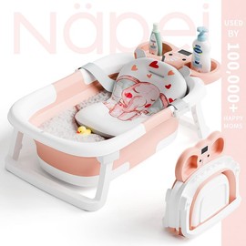 NAPEI Collapsible Baby Bathtub with Real-time Temp Monitor + Floating Cushion, Foldable Baby Bath Tub Set - Perfect Portable Travel Baby Tub - Color: Basic Style - Pink - Bath Net