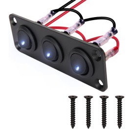 Round Rocker Switch Panel with 3 Pin Toggle Switch 12v 20a Blue Led Switch Panel Aluminum Waterproof Rocker On Off Switch 12v for Car,Truck Marine Boat Rv Vehicle Yachts Etc （3 Way）