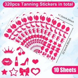 320pcs Tanning Stickers, Cute Sunbathing Stickers Self Adhesive Tanning Heart Lips Bow Star Cherry Sun Tan Stickers Decals for Body Summer Beach (8 Styles)