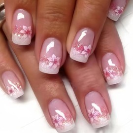 Pink Flower Press on Nails Medium Square Fake Nails Silver Glitter White French Tip Glue on Nails Press ons Translucent False Nails Acrylic Stick on Nails for Women Girls 24 Pcs