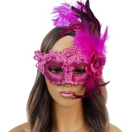 Burlesque Feather Masquerade Mask Mardi Gras Feather Lace Masks for Women Costume Peacock Feather Party Masks Venetian Mardi Gras Burlesque Brocade Mask (Pink)