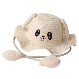 Kids Straw Sun Hat Funny Bucket Hat Wide Brim Summer Sun Protection Hat Children Foldable Beach Cap Cute Fisherman Hat UPF 50 Outdoor Sunblock Hat with Moving Ears for Girls Boys 4-8 Years Old