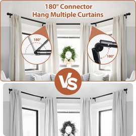 2PC Bay Window Curtain Rods 1 Inch Heavy Duty Metal Corner Curtain Rod for Windows 59-184” Adjustable U Shaped Curtain Rod with Decorative End Black