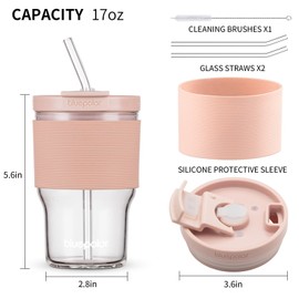 Glass Cups with Lids and Straws,17oz/500ml Reusable Iced Coffee Glasses & Juice Bottles,Cold Brew Tumblers with Leakproof Lids,BPA-Free Glass Jars for Juicing,Matcha,Tea,Smoothie (Pink with Sleeve)