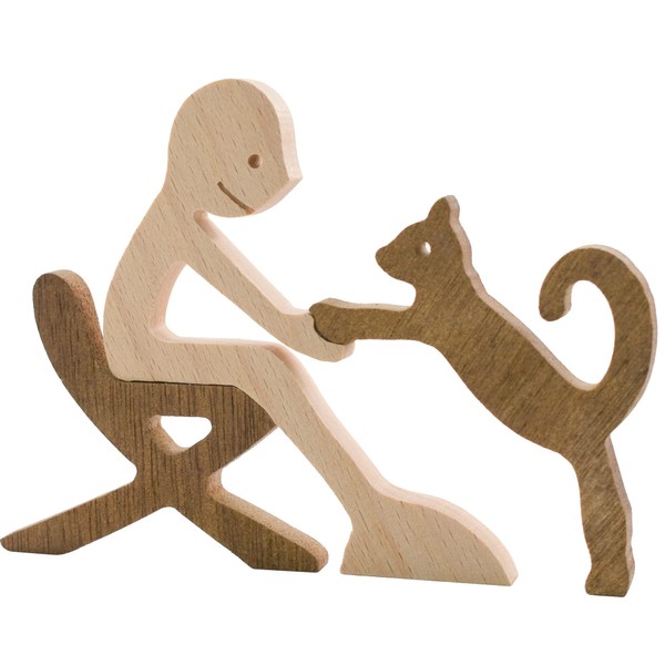 Enkrio 子犬 木製彫刻 ウッド装飾 手彫り 家族 木製の工芸品の彫刻 オーナメント ペット愛好家 記念ギフト かわいい 卓上装飾品 置物 男性 (猫と男性)