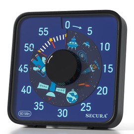 Secura 7.5-Inch Astronaut Pattern Visual Timer for Kids, 60-Minute Countdown Timer for Classroom or Kitchen, Durable Mechanical Timer Clock with Magnetic Backing (Black)