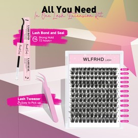 Lash Clusters Kit 144Pcs D Curl Lash Extension Kits Eyelash Extensions Individual Lashes Kit with Cluster Lashes Bond and Seal and Eyelash Extensions Tweezers DIY at Home(W02,D-8-16MM）