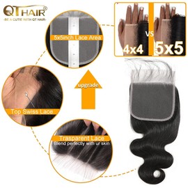 QTHAIR Body Wave Closure Human Hair 5x5 Transparent HD Lace Closure Human Hair Can Make Wig for Black Women Pre Plucked with Baby Hair 5x5 Lace Closure 12inch Natural Black Color