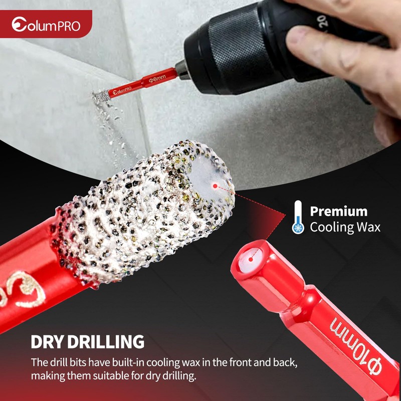 ColumPRO Porcelain Tile Drill Bits Set, 5PCS 1/4“（6mm）Dry Diamond Drill