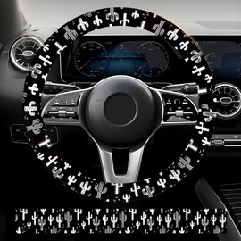 ASJHFDIR Car Steering Wheel Cover, Universal 15 Inch Non-Slip Breathable Neoprene Elastic Steering Wheel Protector, Cute Car Accessories for Women Men Fit Auto, Suvs Black White Cacti