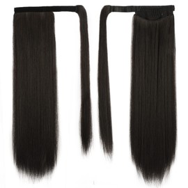 BARSDAR Straight Ponytail Extension - 20 Inch Long Straight Wrap Around Ponytail for Women Clip in Ponytail Hair Extensions Synthetic Brown Hair Pony Tails Hairpieces Daily - Dark Brown