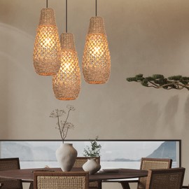 Boho Rattan Pendant Light Fixtures, Mini Farmhouse Natural Chandelier Lighting, Retro Wicker Hanging Lamp for Kitchen Island