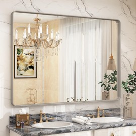 CHARMOR 48x36 Silver Bathroom Mirror, Brushed Silver Framed Bathroom Vanity Mirror, Modern Rectangle Mirror, Rounded Corners, Shatterprood, Anti-Rust (Horizontal/Vertical)
