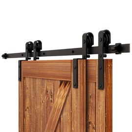 AONAYIOA 7.5FT Bypass Sliding Barn Door Hardware Kit, Combination Track Mode Sliding Door Hardware, Single Track Bypass Barn Door Hardware for Double Wooden Doors,(no Door) (7.5 Feet)