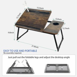Laptop Desk for Bed, Laptop Bed Tray Desk with 5 Different Angles, Foldable Laptop Bed Table with USB Charge Port and Cup Holder for Writing Working (Rustic Brown)