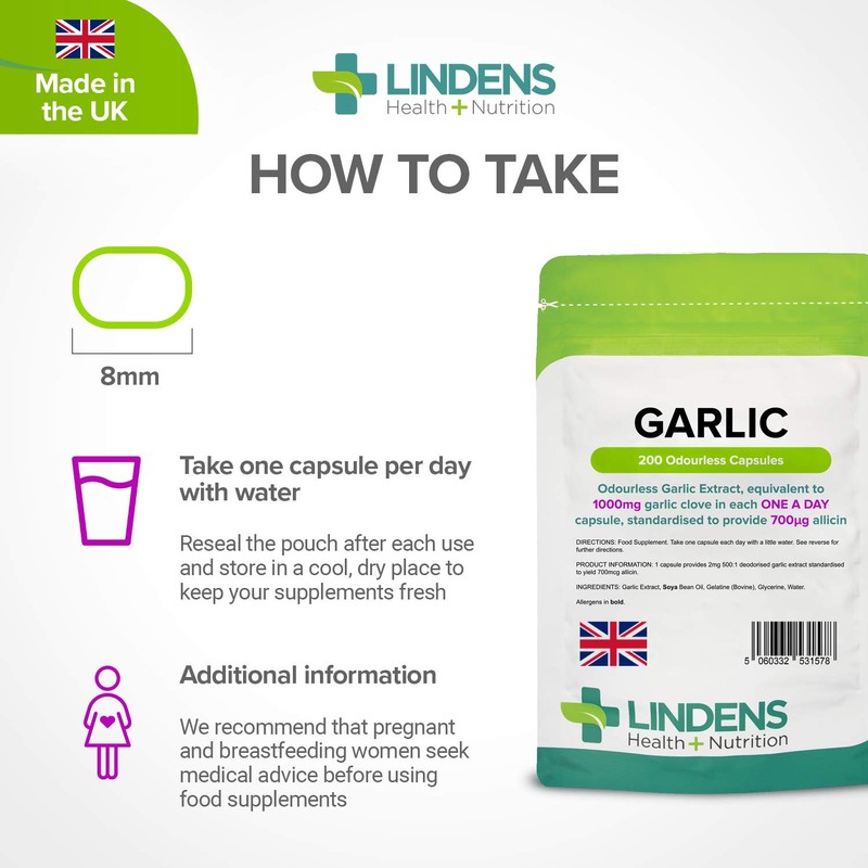 Lindens Garlic Odourless Capsules - 1000mg (700mcg Allicin) - 200
