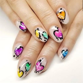 24Pcs Valentines Press on Nails Medium Almond Shape Nails Colour Heart Fake Nails with Glue Yellow Blue Pink Purple Heart Acrylic Nails Design Valentines Day False Nails Stick on Nails for Women
