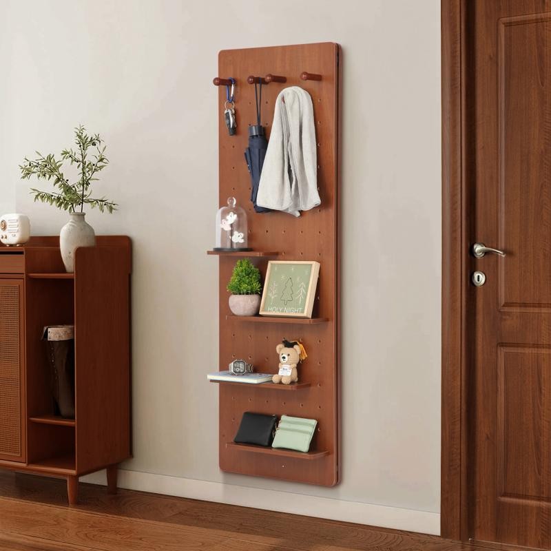 Rubber Wood Wall-Mounted Full-Length Mirror with Adjustable Shelves - Push-Pull