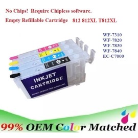 Vivid Colors 812XL 812 Empty No Chip Refillable Ink Cartridge for WF-7820 WF-7840 WF-7310 - 4 Pack-BK/C/M/Y with Syringes