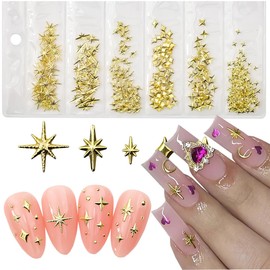 Star Moon Nail Charms, 3D Gold Star Nail Charms for Nails Art Metallic Cross Star Nail Art Studs Rhinestones Star Nail Charms Nail Tips Nail Gems Accessories for Women Girls Manicure Supplies