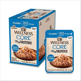 Wellness CORE Tiny Tasters Wet Cat Food, Complete & Balanced Natural Pet Food, Made with Real Meat, 1.75-Ounce Pouch, 12 Pack (Adult Cat, Flaked Tuna & Shrimp)